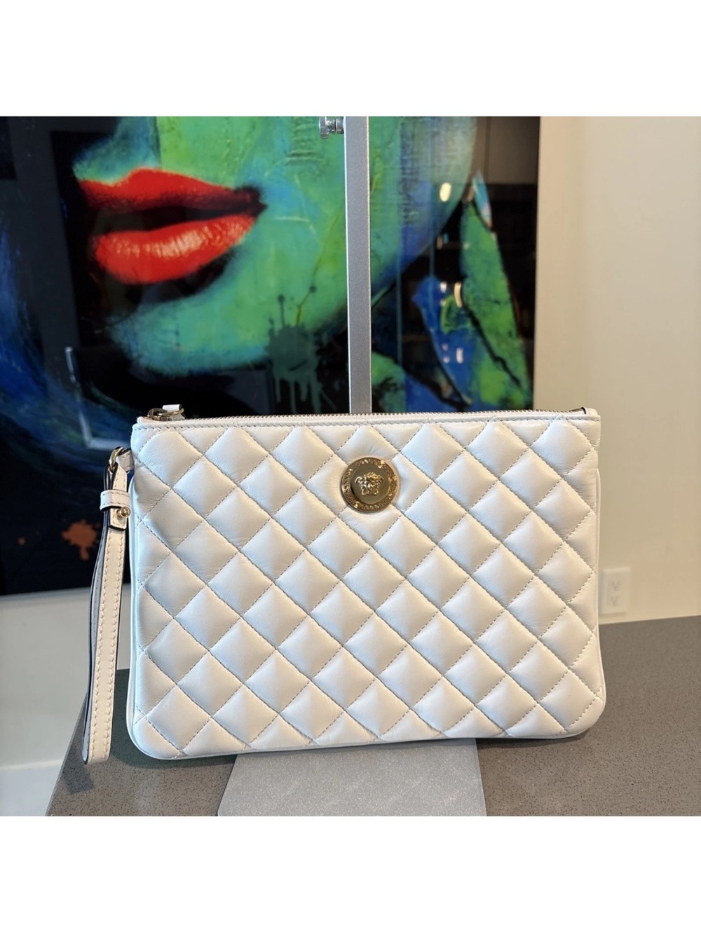 Versace Quilted White Wristlet Pouch Gold Logo $1200 Retail